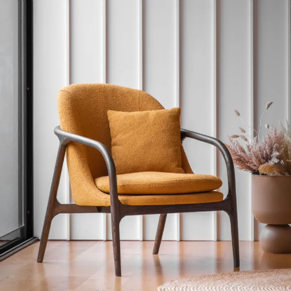 Orange Fabric Cushioned Armchair with Dark Wood Frame