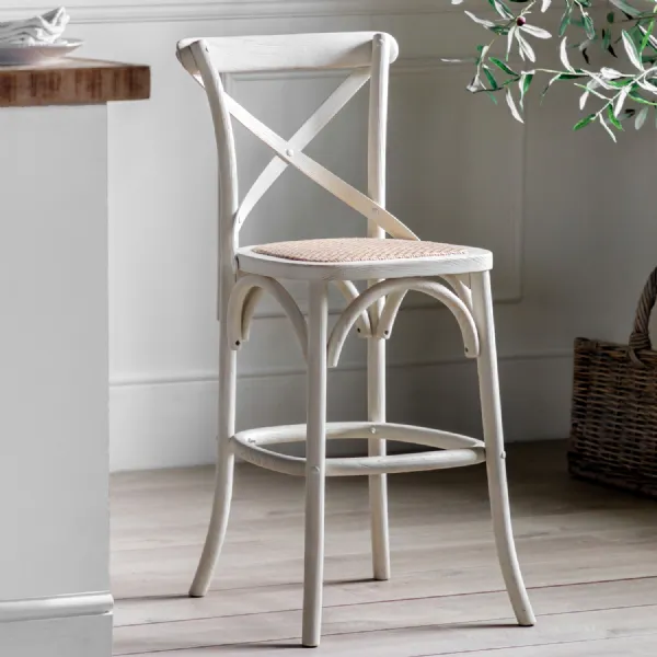 White Painted Bistro Kitchen Bar Stool with Rattan Seat