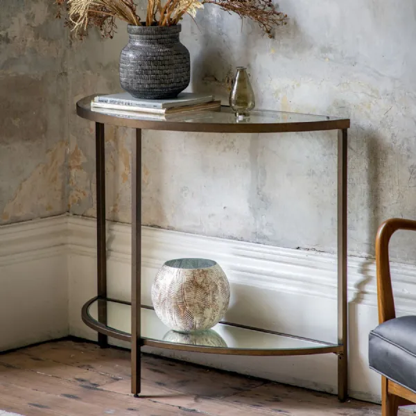 Bronze Metal Half Moon Console Table with Glass Shelves