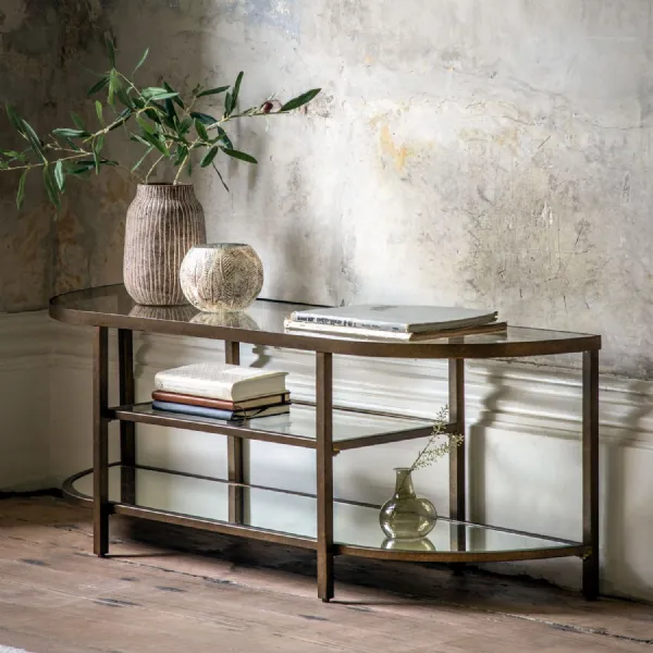 Bronze Metal Low TV Media Entertainment Unit Glass Shelves