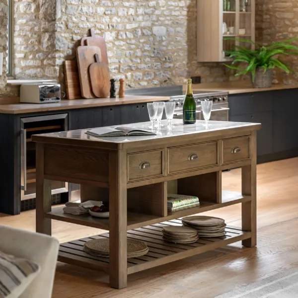 Natural Oak Marble Top 3 Drawer Kitchen Island