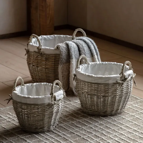 Natural Willow Jute Round Lined Basket Set of 3