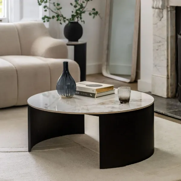 White Marble Top Round Coffee Table with Matt Black Legs
