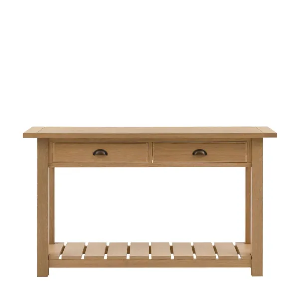 Natural Oak 2 Drawer Console Table with Lower Shelf