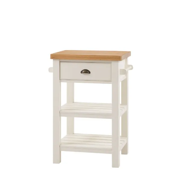 White Wooden Oak Top Butchers Block with Drawer and Shelves
