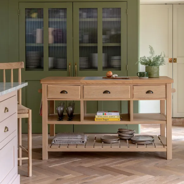 Natural Oak 3 Drawer Kitchen Island with Shelves