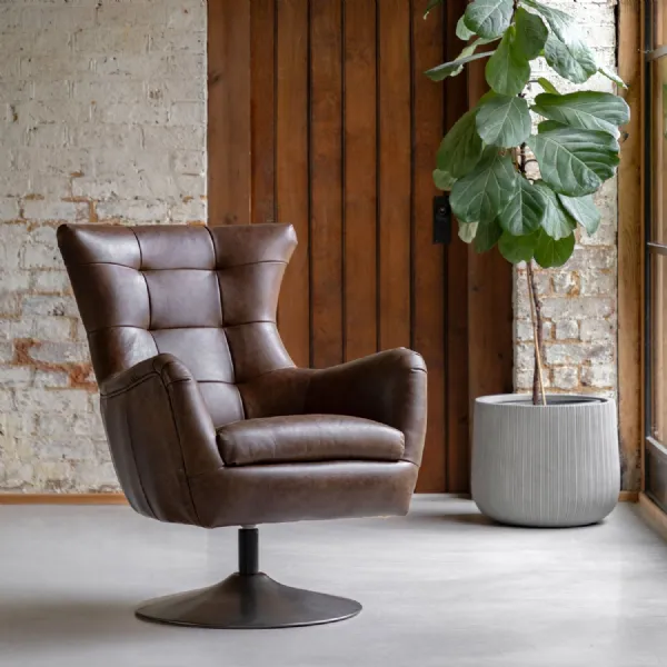 Brown Leather Pleated Back Swivel Accent Chair Metal Base