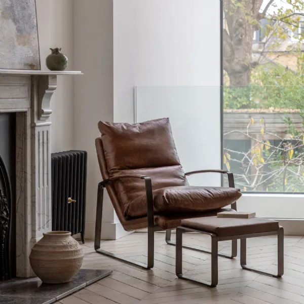 Brown Leather Lounger Chair Dark Metal Framed