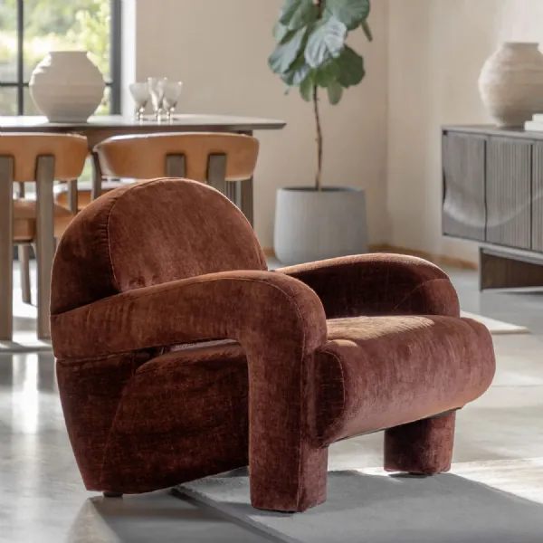 Verona Brandy Fabric Armchair with Curved Retro Design