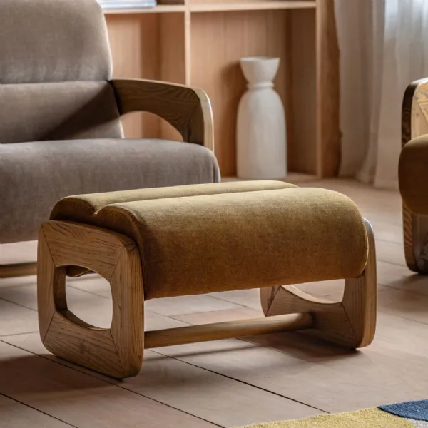 Retro Golden Fabric Footstool with Sculptural Wood Frame