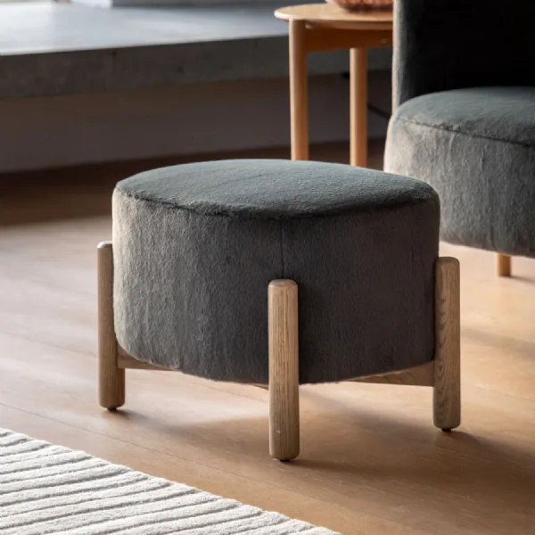 Alaska Graphite Fabric Round Footstool Wooden Base