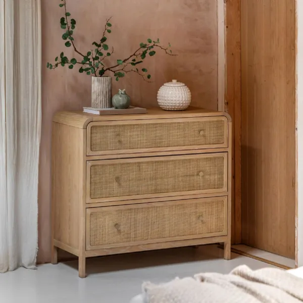 Natural Oak Curved Top Chest of 3 Rattan Drawers