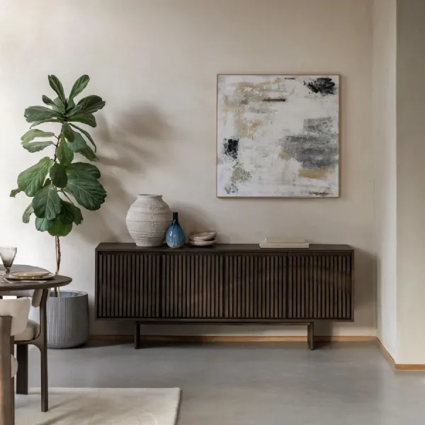 Walnut Oak 4 Door Wide Sideboard with Slatted Wave Pattern
