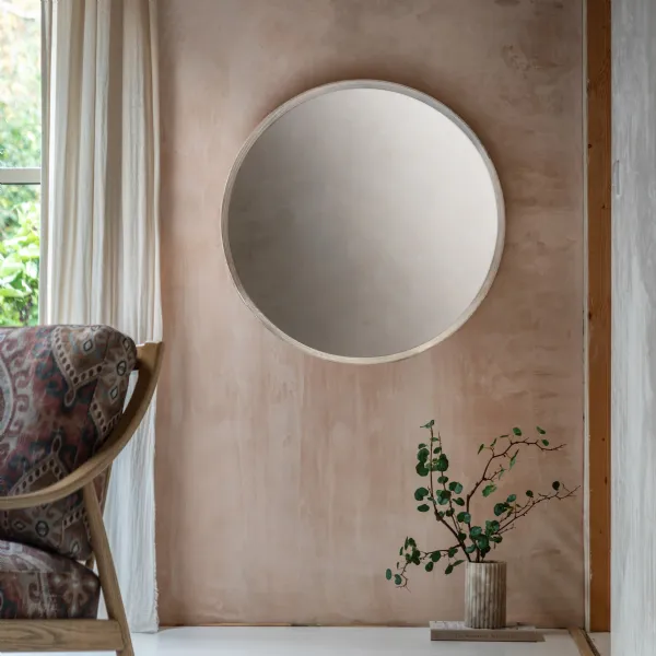 Washed Oak Round Wall Mirror Scandi Style