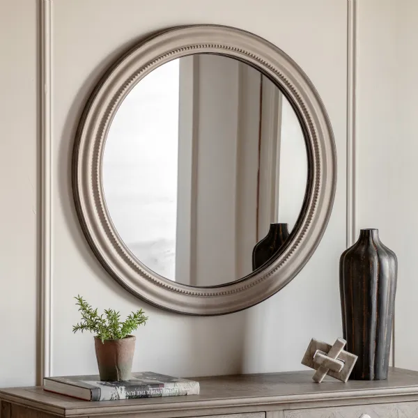 Grey Wooden Round Wall Mirror with Beadwork Frame 80cm