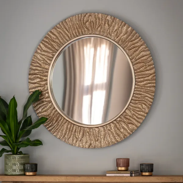Gold Textured Round Wall Mirror Warm Metallic Leaf Finish