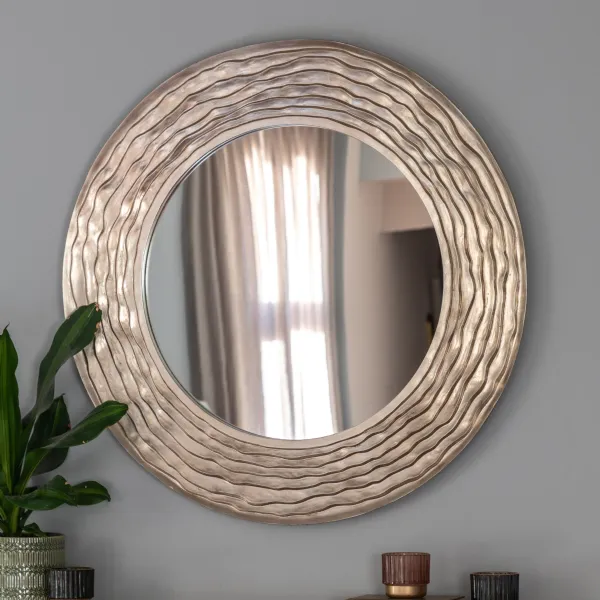 Champagne Textured Round Wall Mirror Metallic Leaf Finish