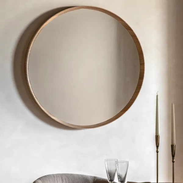 Natural Oak Round Wall Mirror Angled Frame