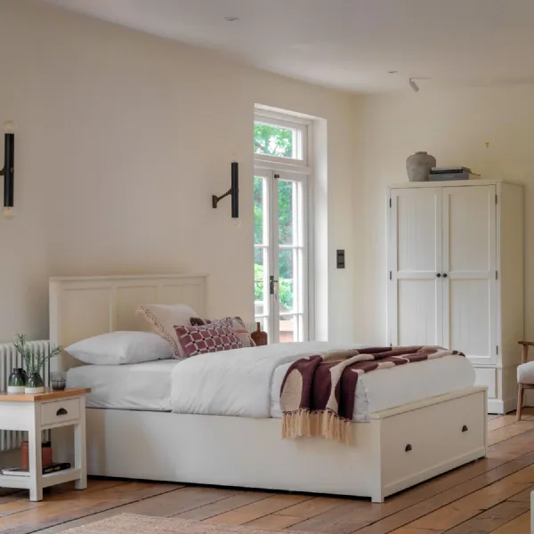 White Wood 1 Drawer Double Storage Bed Panelled Headboard