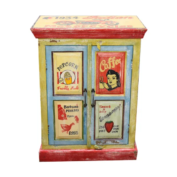 Hand Painted Multicolour Distressed Finish Vintage Ad 2 Door Cabinet