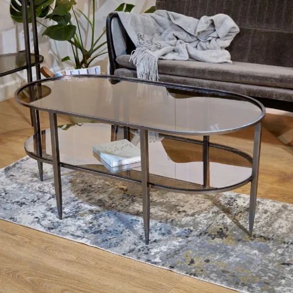 Clear Glass Top Coffee Table with Black Frame and Shelf