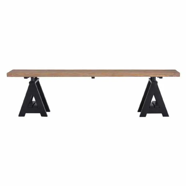 Industrial Weathered Antique Pine Bench Black Iron Trestles
