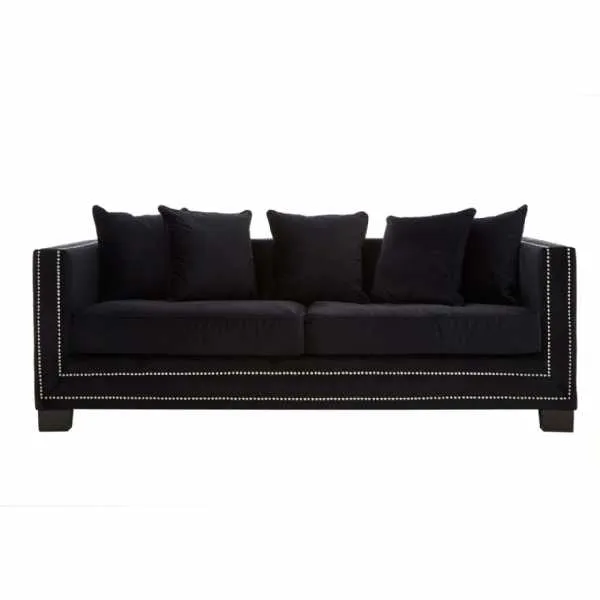 Large Modern 3 Seater Black Velvet Fabric Sofa With Metal Studs Trim