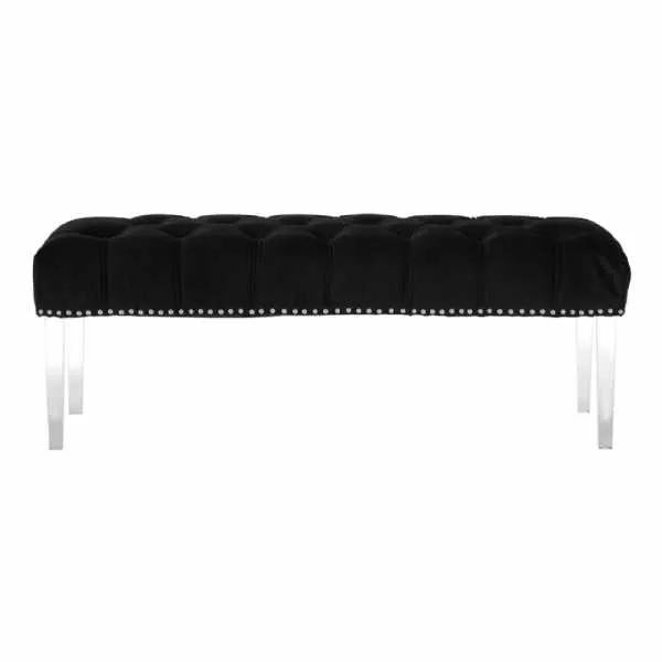 Black Button Tufted Velvet Fabric Bench With Acrylic Legs