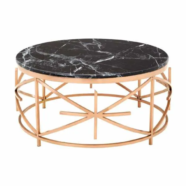 Alvaro Round Rose Gold Metal Framed Coffee Table With Black Marble Top