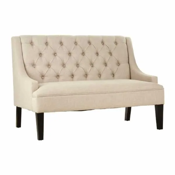 Traditional Doucet High Back Natural Linen Upholstered Buttoned Bench
