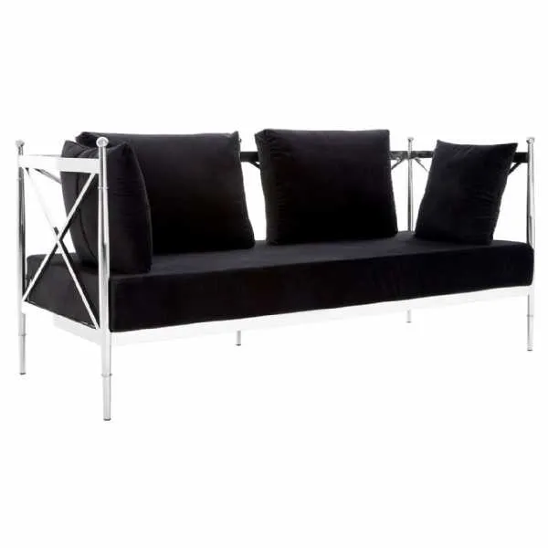 Modern 2 Seater Black Fabric Upholstered Silver Lattice Arms Sofa