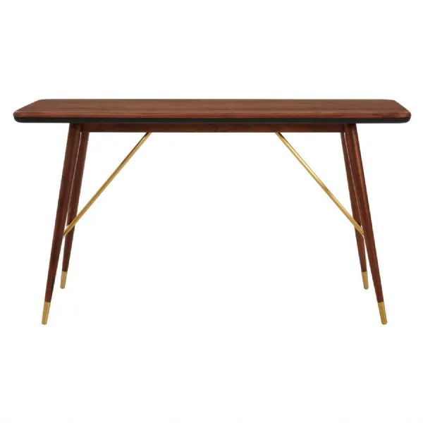 Walnut Wood Leather Trim Brass Accent Console