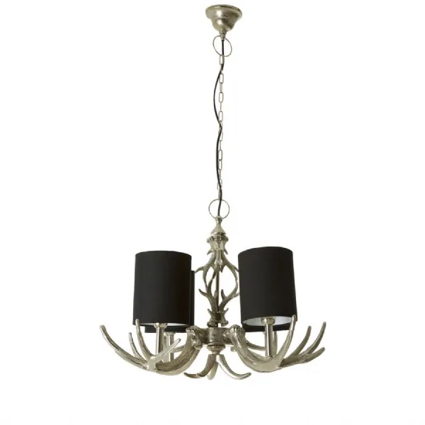Silver Nickel Refined Antler 4 Black Shade Chandelier