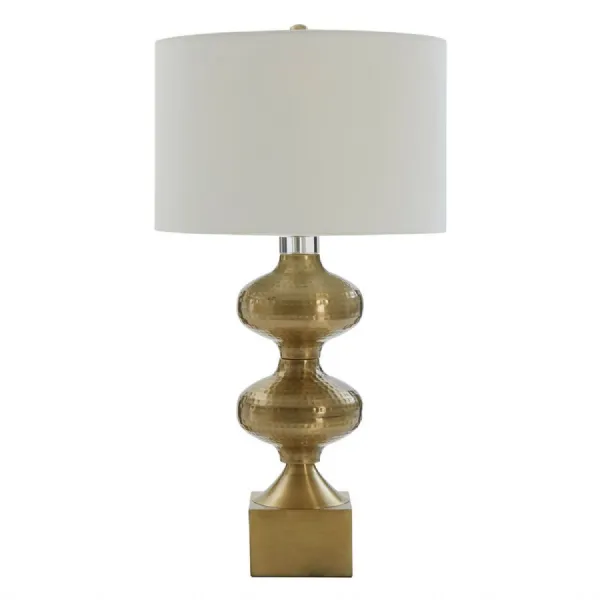 Brass Square Textured Base White Fabric Shade Table Lamp