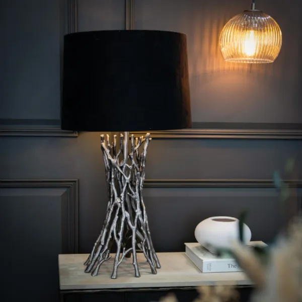 Nickel Metal Sculptural Design Table Lamp with Black Shade