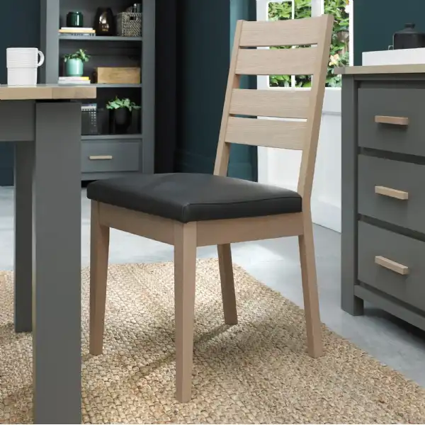 Pair of Scandi Oak Dining Chairs Grey Leather Seat
