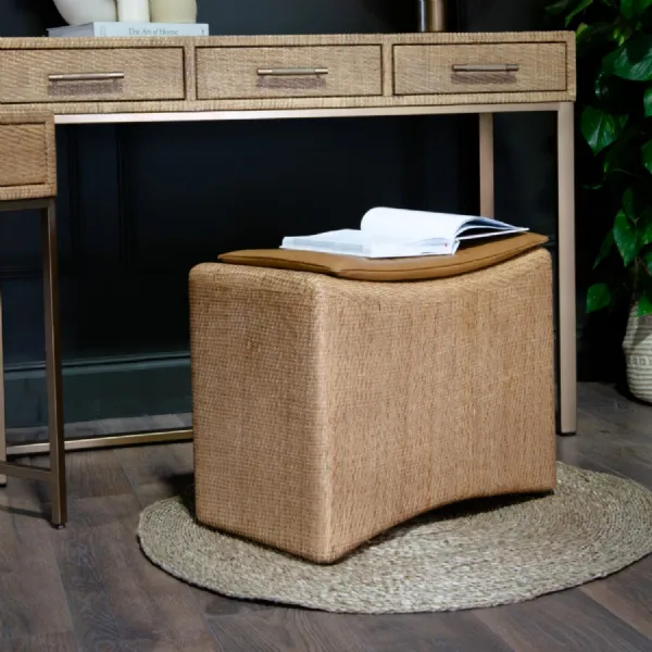 Natural Rattan Curved Stool Tan Leather Cushion Top