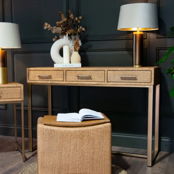 Natural Rattan 3 Drawer Console Table with Brass Metal Frame