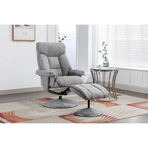 Grey Fabric Swivel Recliner And Footstool Chrome Trimmed