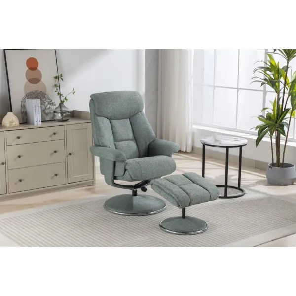 Teal Fabric Swivel Recliner With Footstool Chrome Trimmed