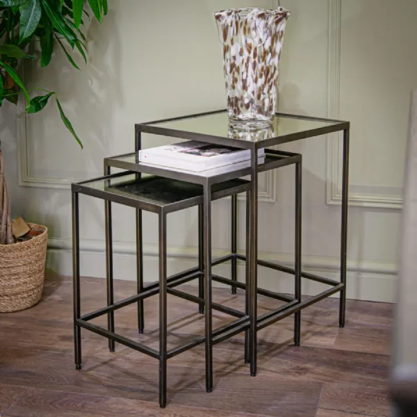 Clear Glass Nest of 3 Side Tables Burnt Bronze Metal Frame