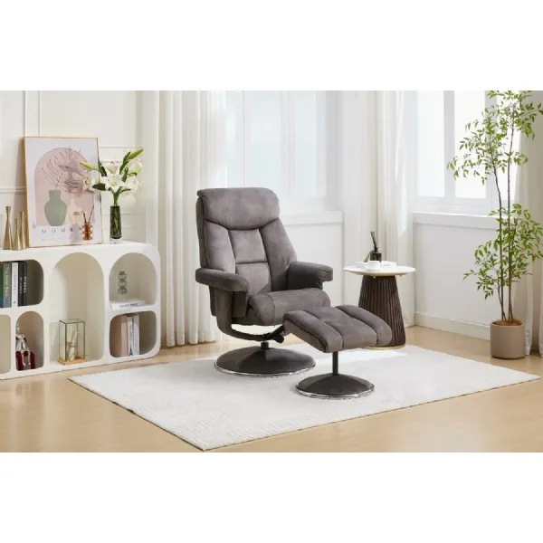 BIARRITZ Fabric Carbon Grey Chrome Trim Swivel Recliner And Footstool