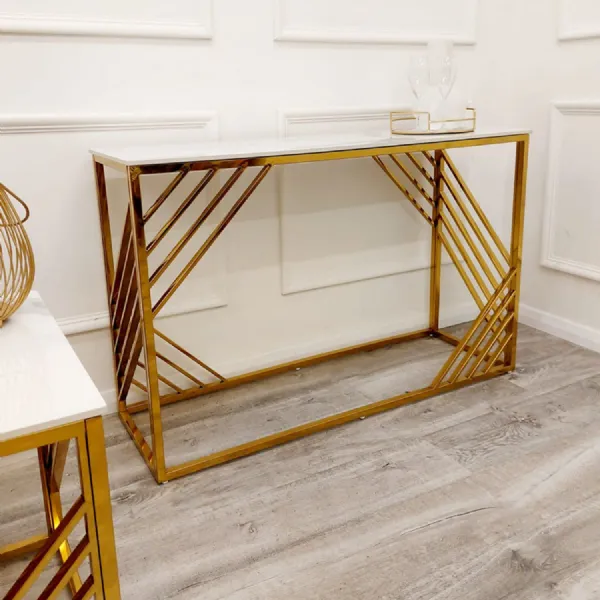 Modern White Sintered Stone Rectangular Console Hall Table with Gold Geometric Metal Frame