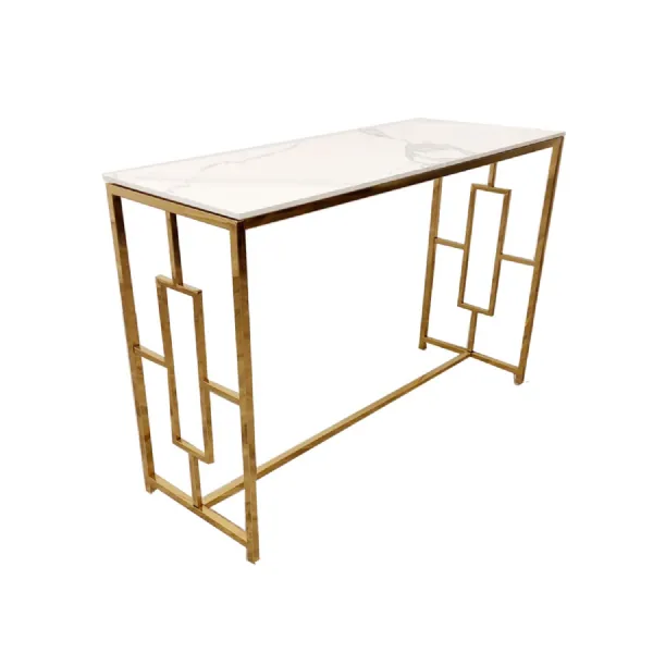 Modern White Sintered Stone Top Rectangular Console Table with Gold Metal Frame