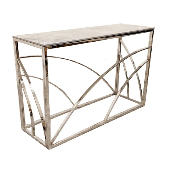 Luxury Ash Grey Sintered Stone Top Console Table with Sculptural Chrome Base