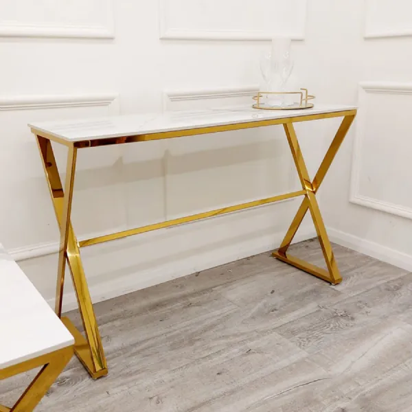Modern White Sintered Stone Rectangular Console Table with Gold Metal Angular Base