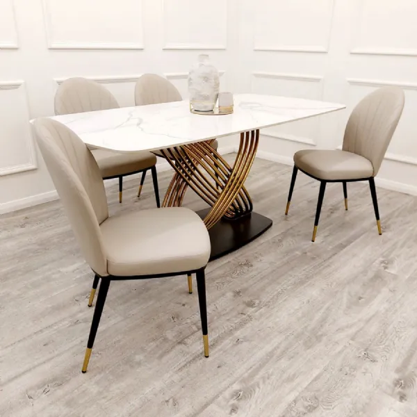 Beige Leather Vertical Stitched Curved Dining Chair