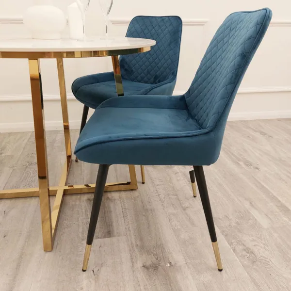 Teal Blue Velvet Diamond Stitched Back Dining Chair