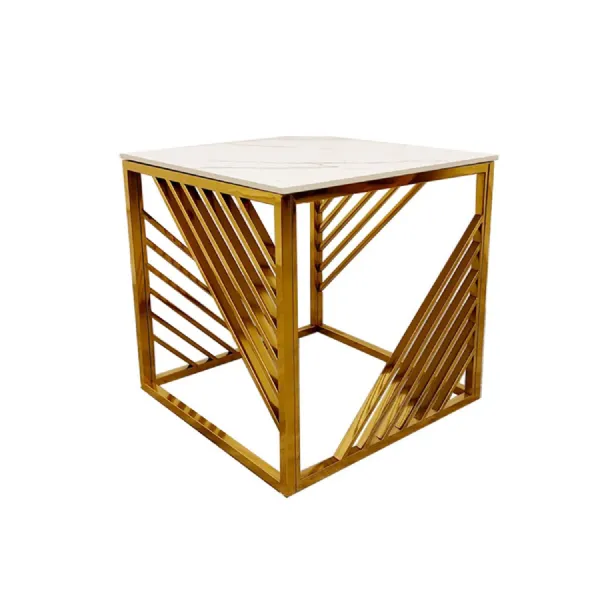 Modern Square White Sintered Stone Top Lamp Table with Gold Slatted Geometric Frame