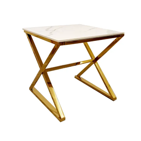 Modern Square White Sintered Stone Top Lamp Table with Gold Geometric Angular Legs